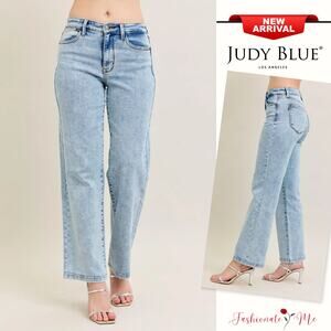 Judy Blue High Rise Waist Zip Fly Stretch Light Stone Wash Straight Denim Jeans